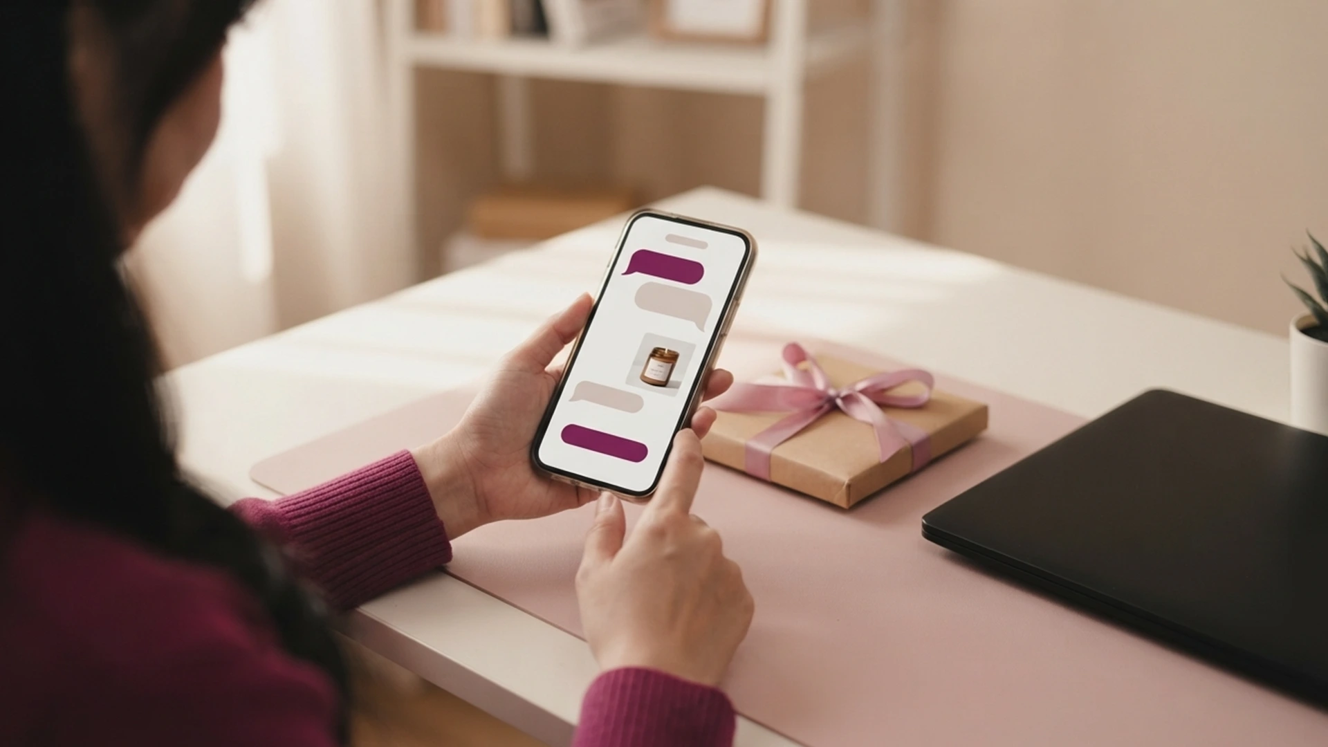 Hands holding a phone with an AI agent checkout screen beside a wrapped parcel on a desk