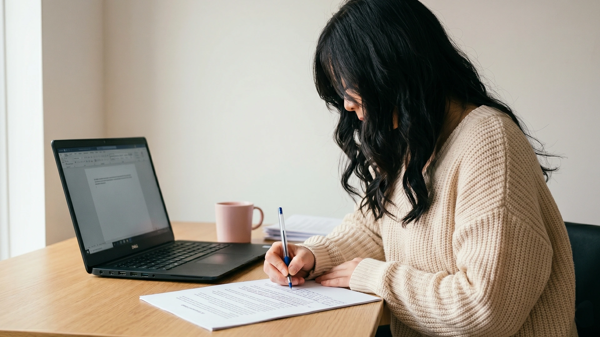 Shopify owner editing an AI-generated blog draft on a laptop with handwritten notes