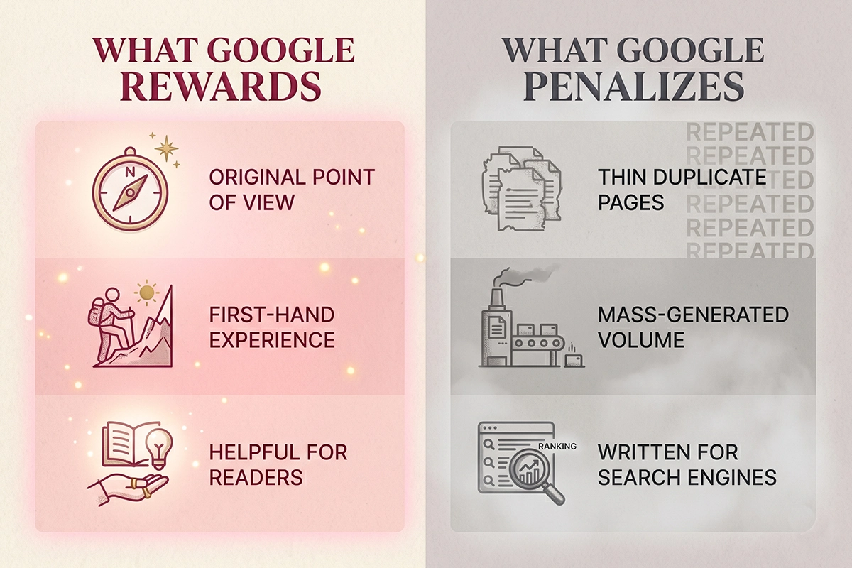 What Google rewards versus penalizes in AI-generated blog content for SEO