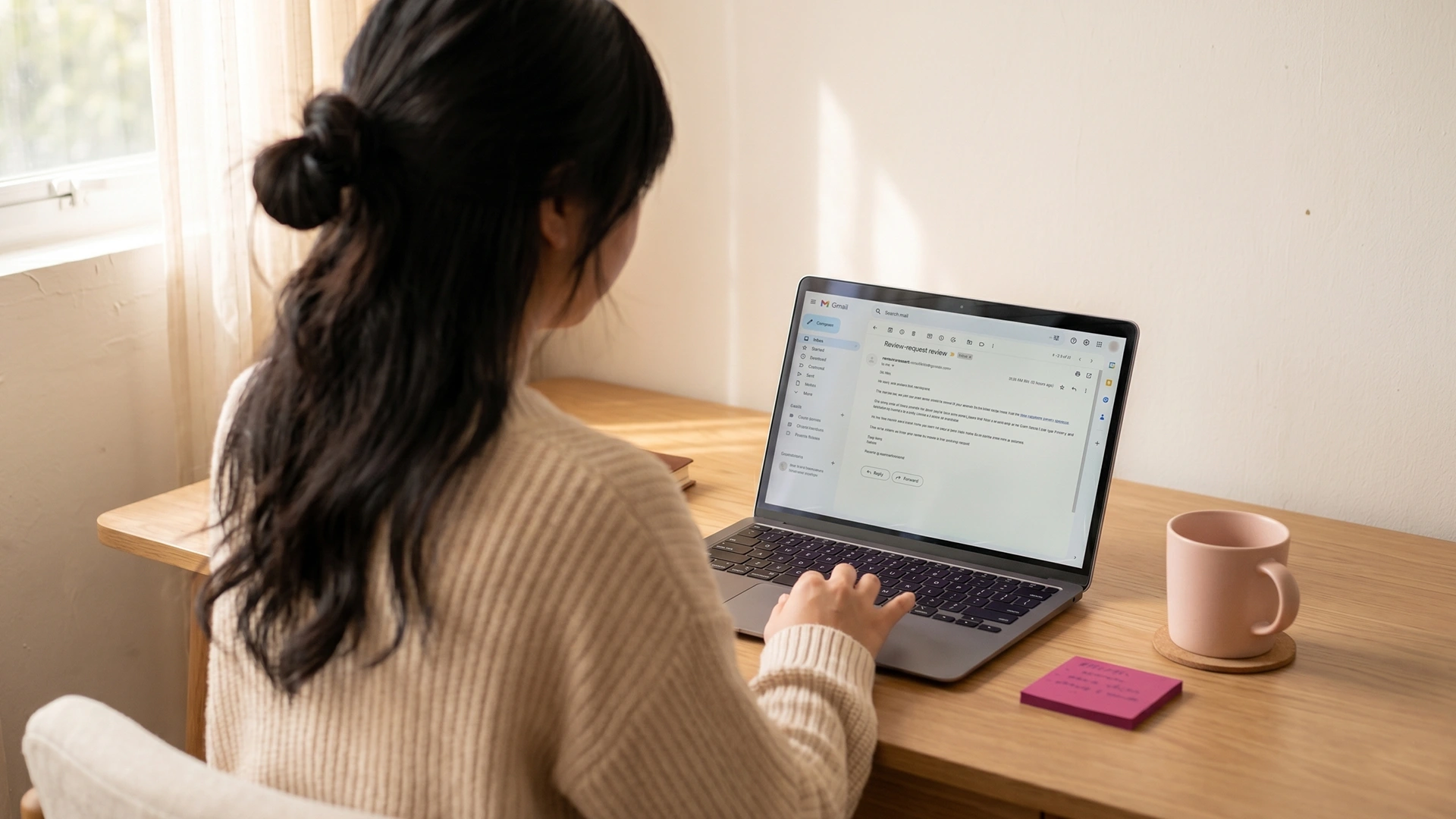 Shopify owner at a laptop drafting a compliant customer review request email