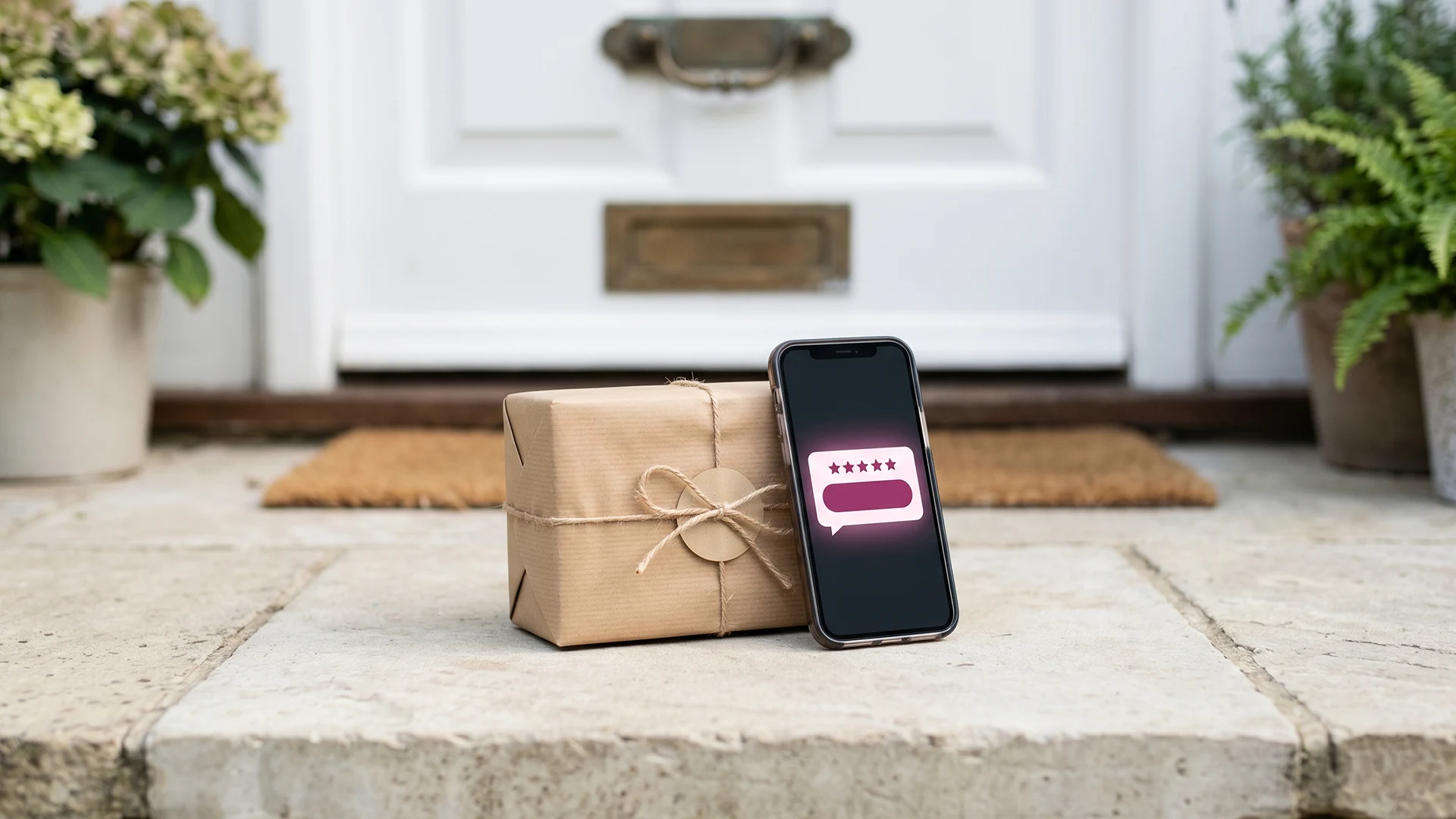 A just-delivered parcel on a doorstep beside a phone showing a review request notification