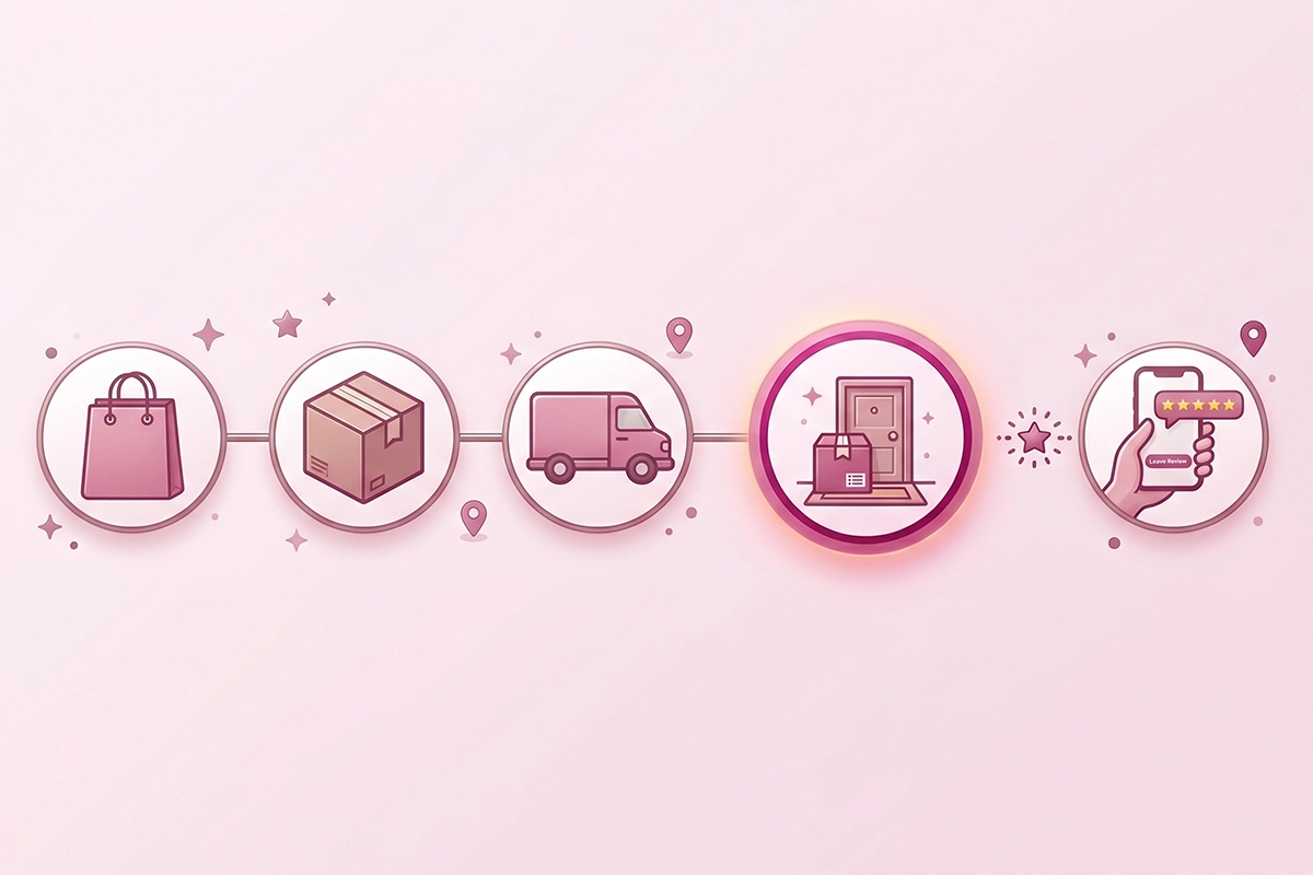 Timeline showing order, fulfilled, delivered, wait window, request and reminder, with delivery marked as the trigger