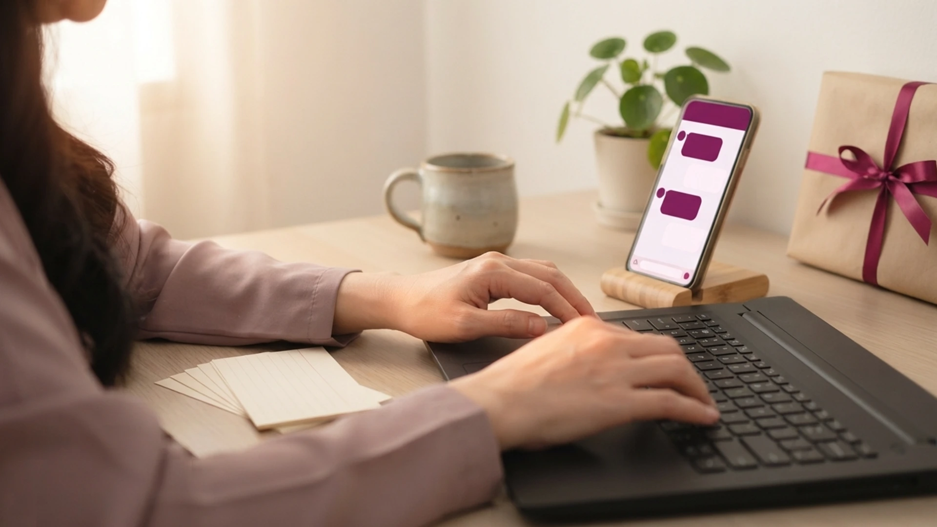 Hands typing BFCM chatbot scripts on a laptop beside a phone showing chat bubbles