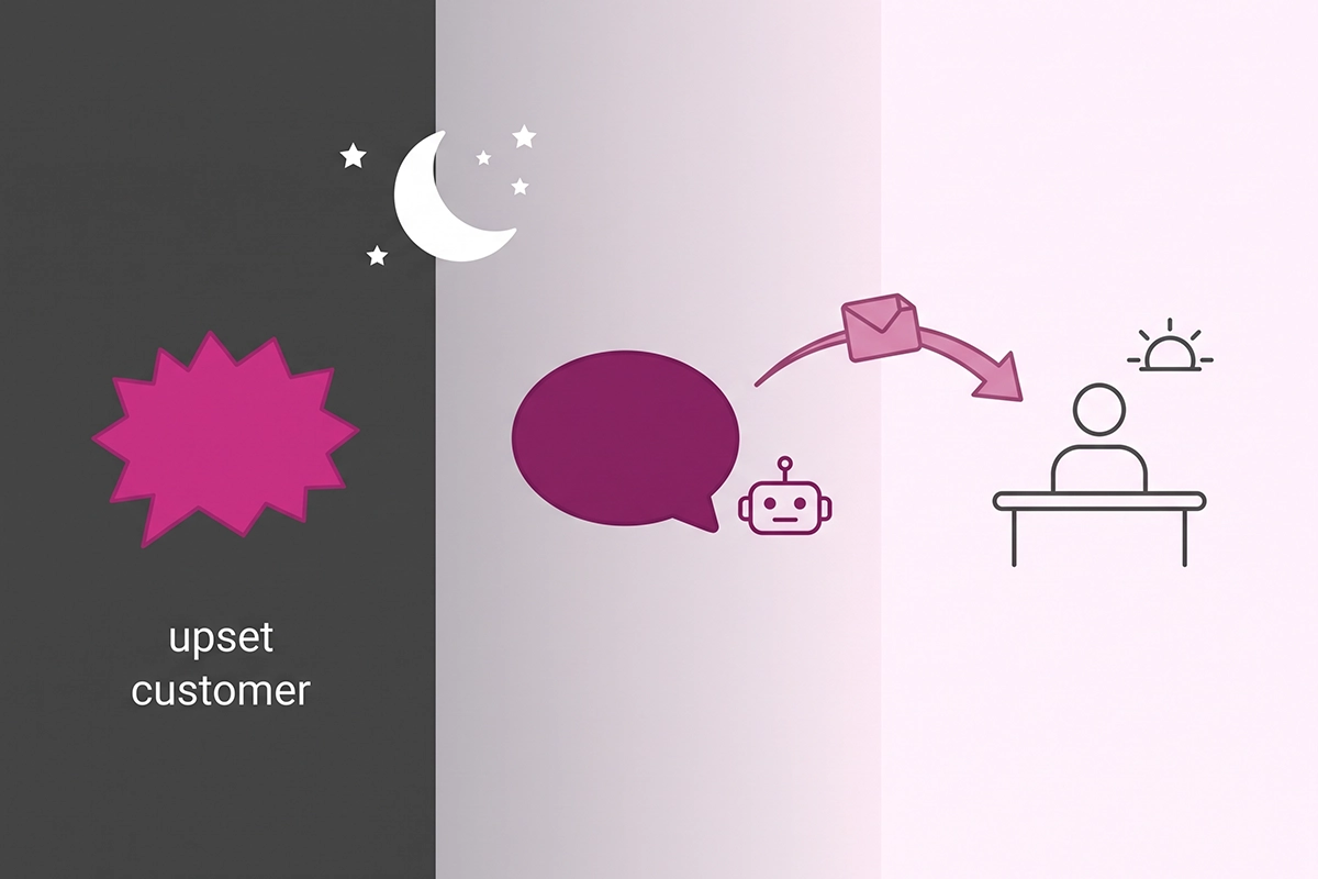 Diagram of a late-night chatbot conversation handed off to a human