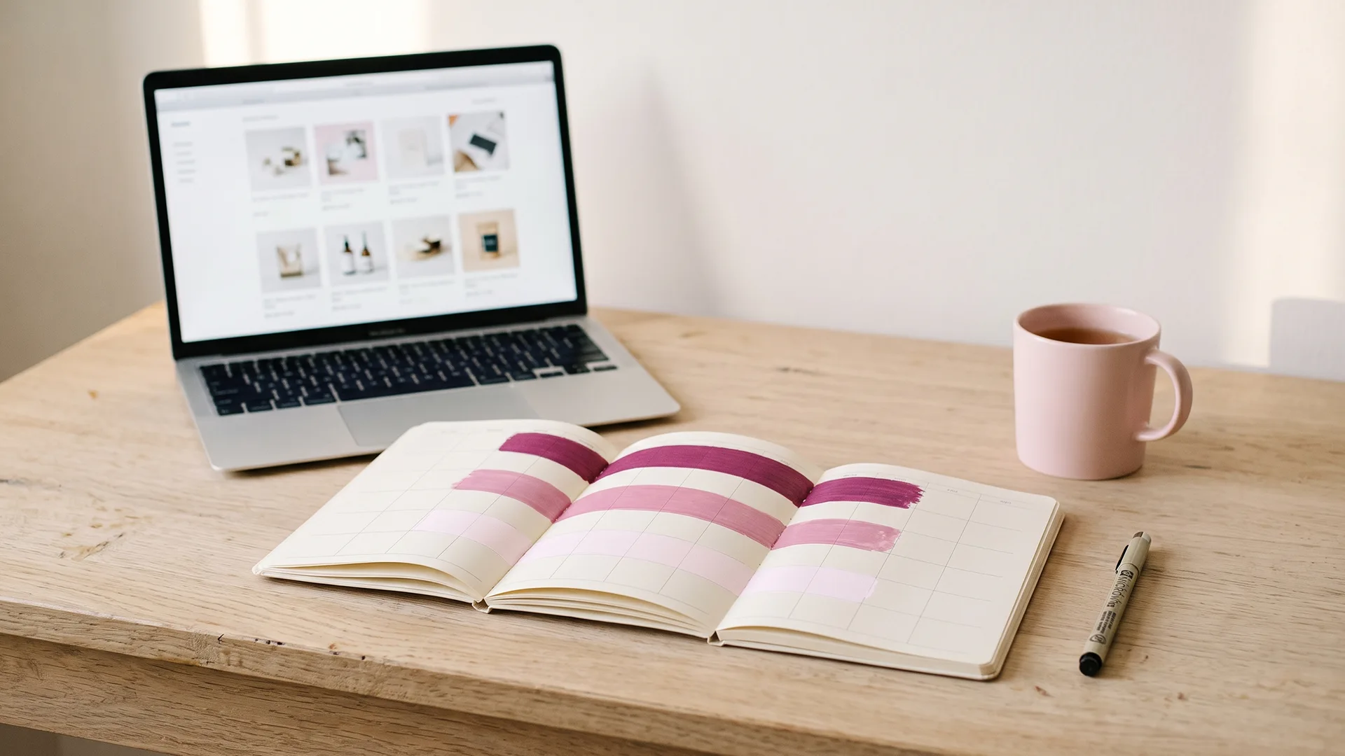 Paper planner with three months blocked out next to a laptop showing a Shopify store