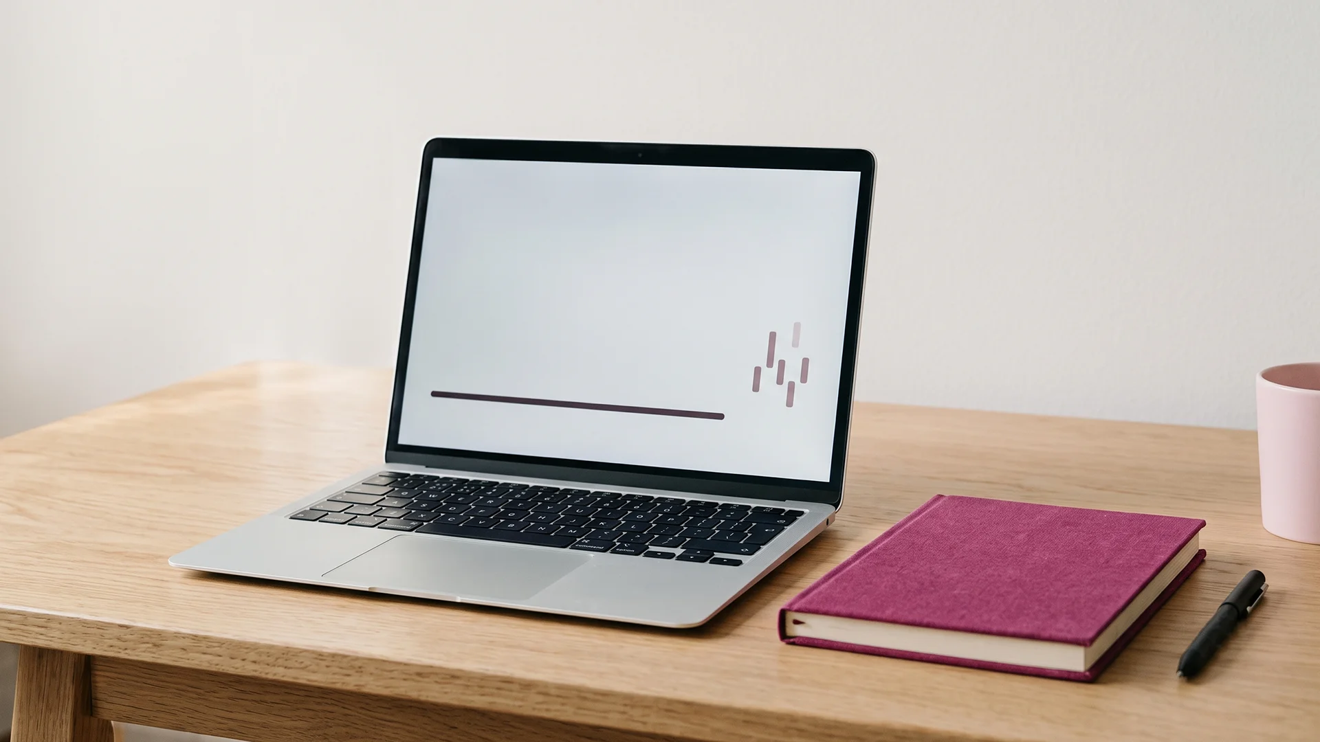 Desk with a laptop showing a search analytics dashboard beside a notebook and a magenta pen