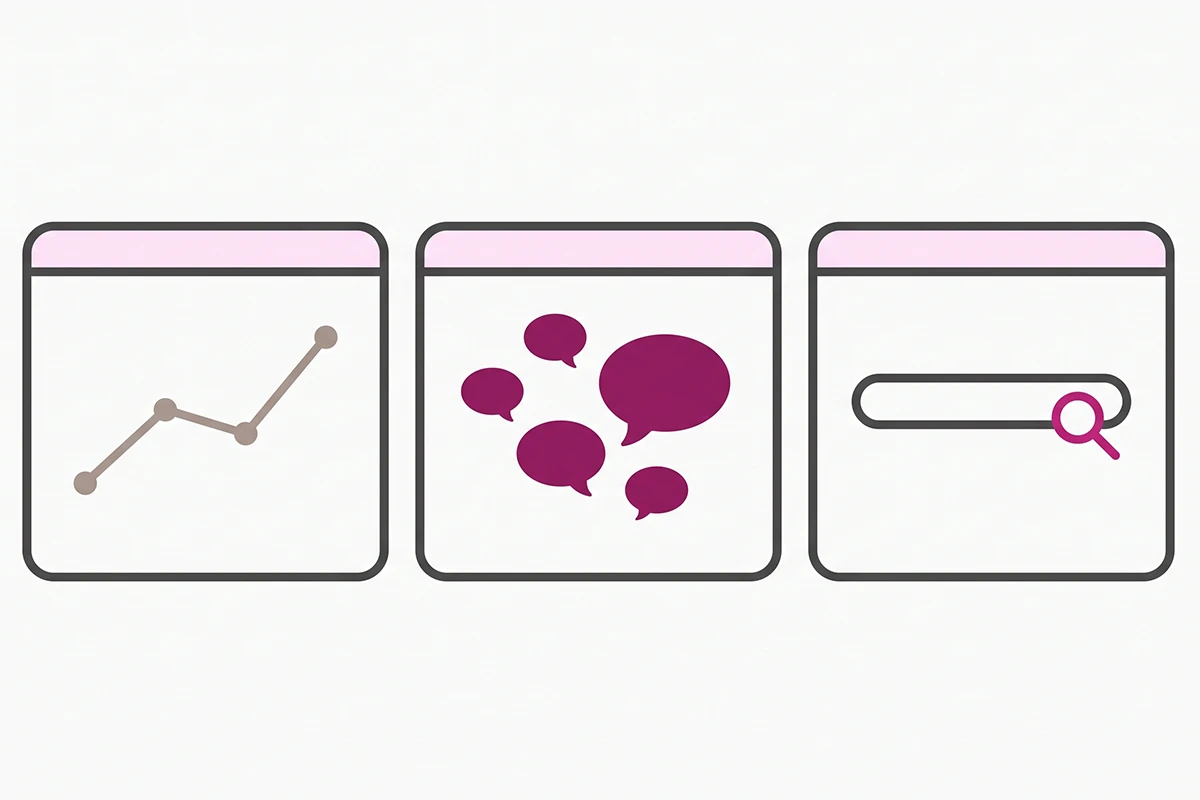 Three panels for the Bing search performance, AI performance, and URL inspection reports