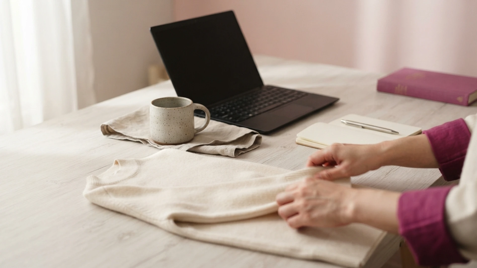 Hands folding a knit beside a mug and laptop, planning blog post ideas for a clothing store