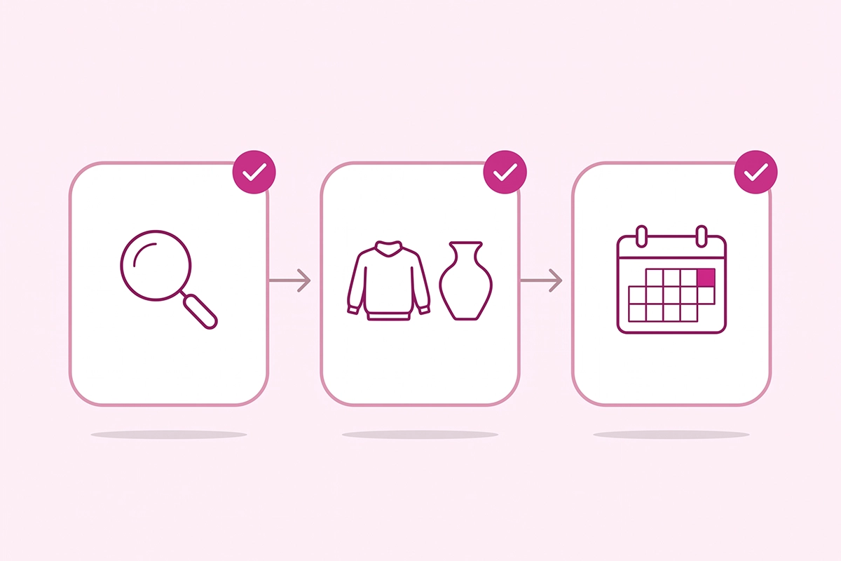 Diagram of the three-part test for a blog topic: a search question, a product, and a month