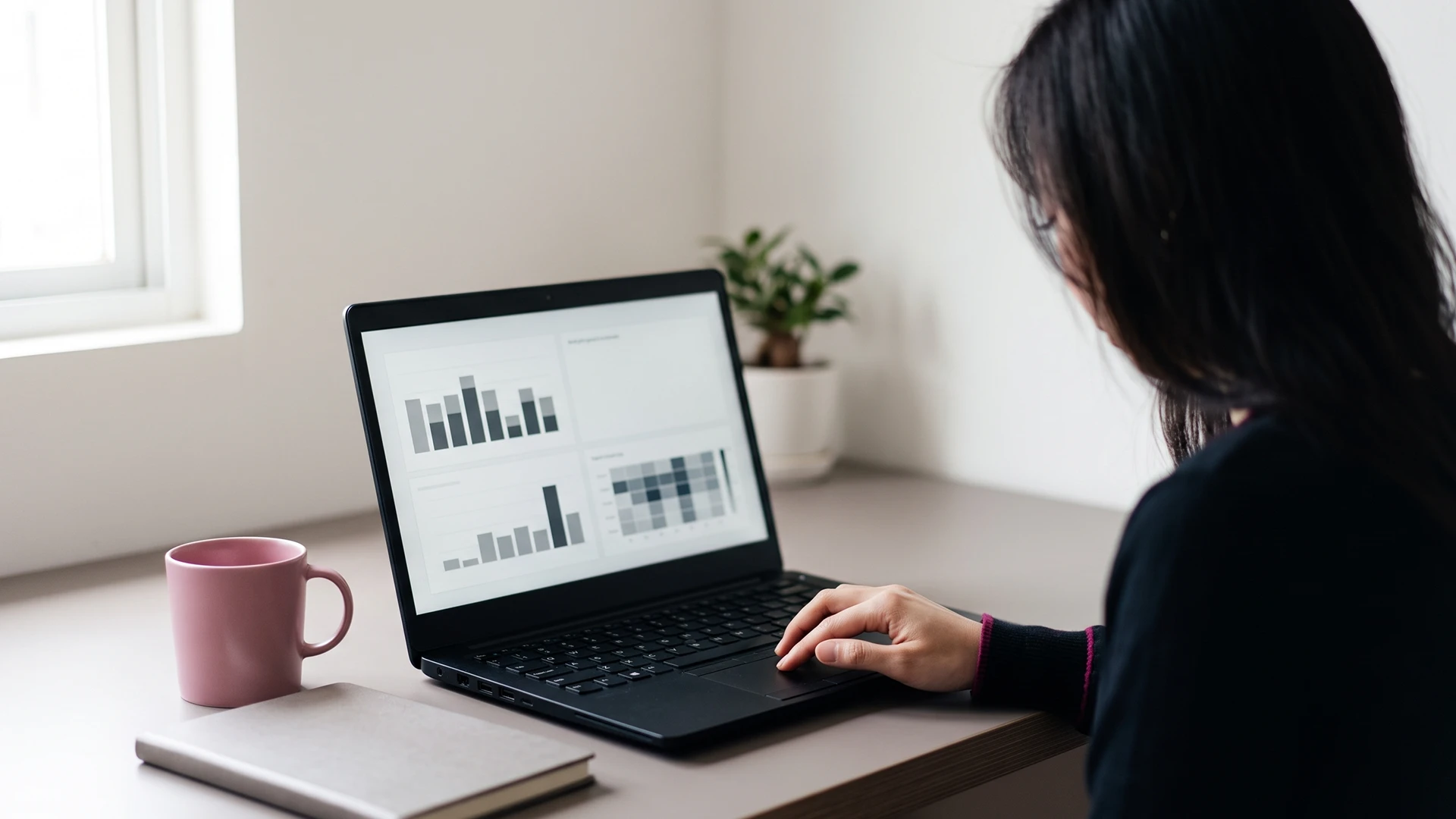 Shopify owner at a desk reviewing a chatbot containment rate dashboard on a laptop