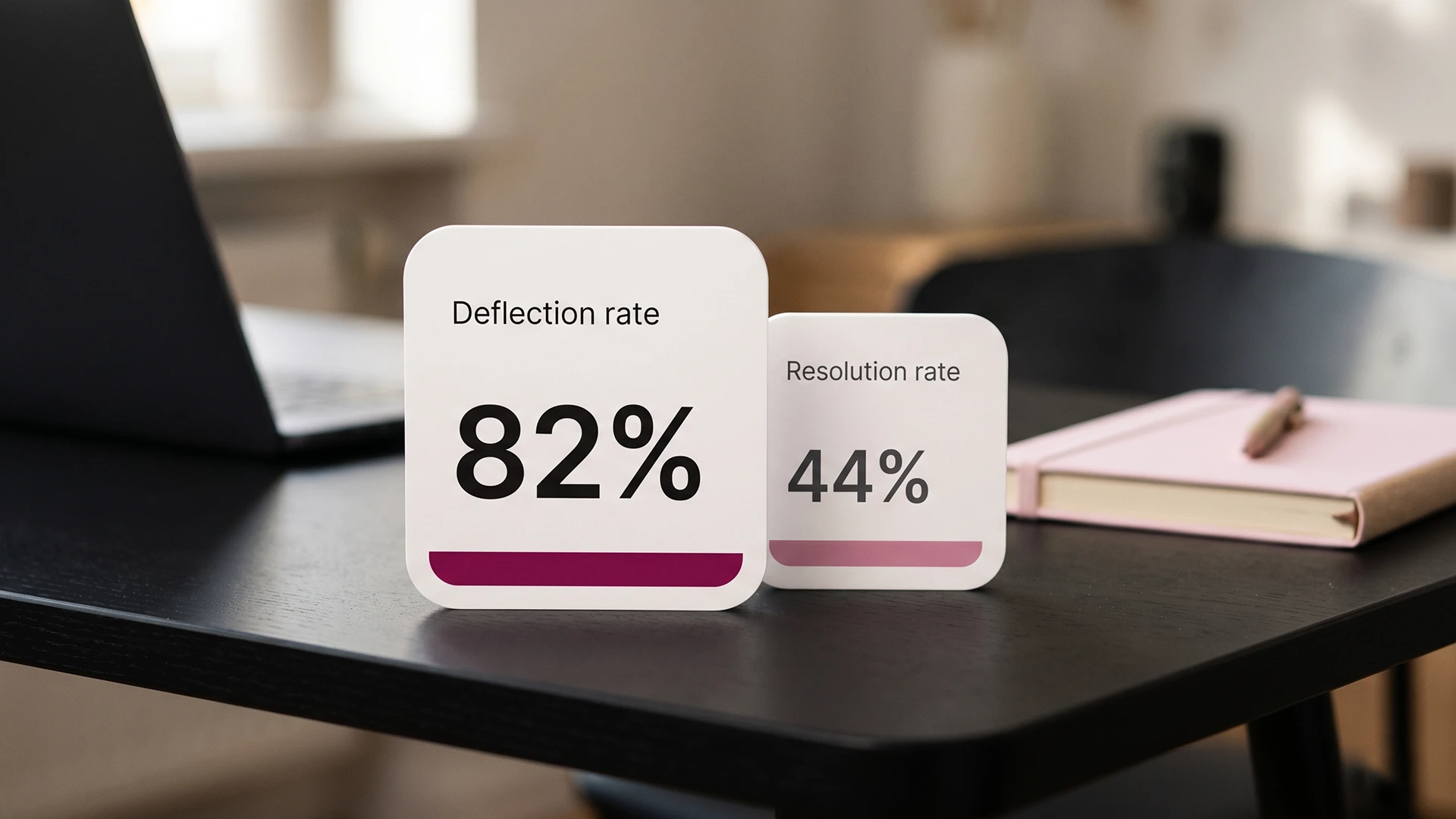 Two chatbot metric cards on a desk, a large deflection rate beside a smaller resolution rate