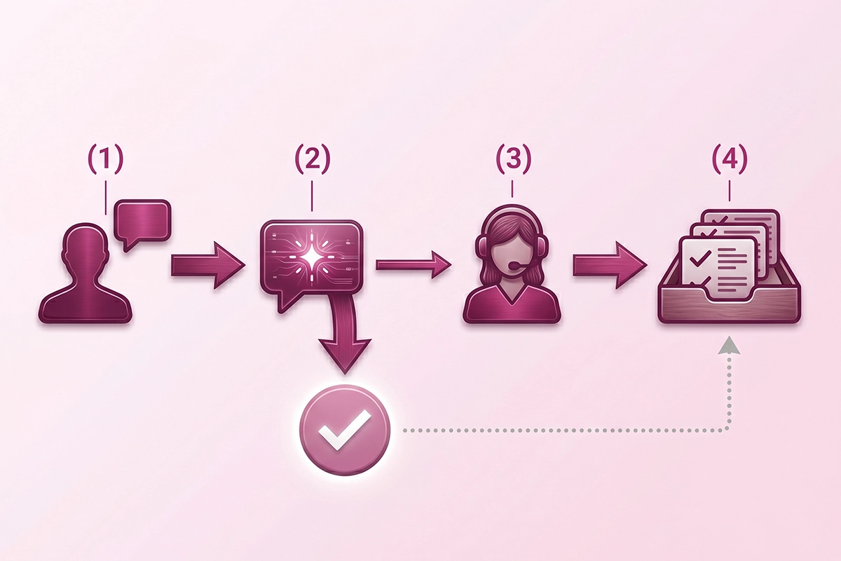 Flow of a customer question moving from chatbot to a live person to the help desk record