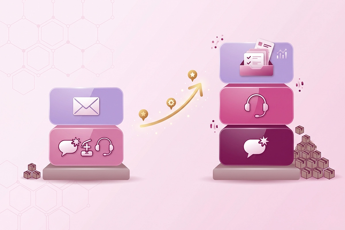 Two support stacks compared: a sub-200-order store versus a scaling Shopify store