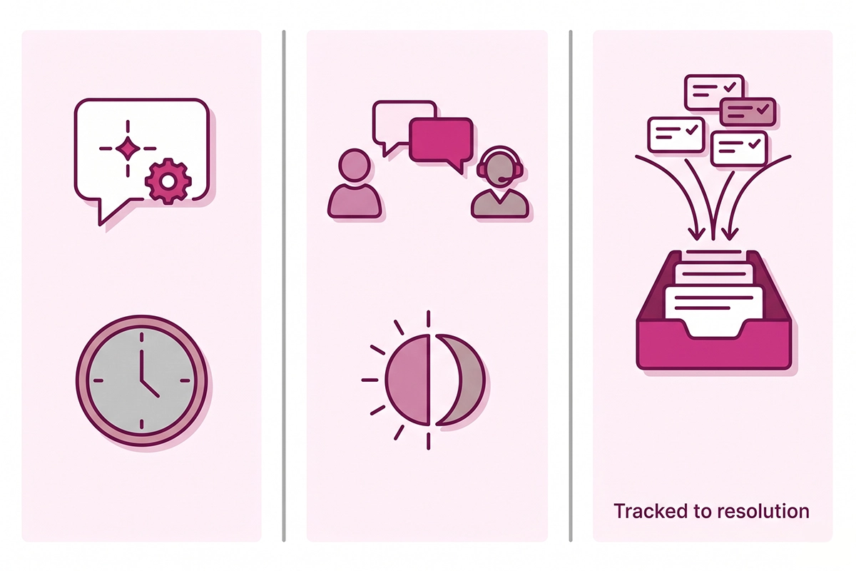 Diagram of the three support tools and the job each one does for a Shopify store