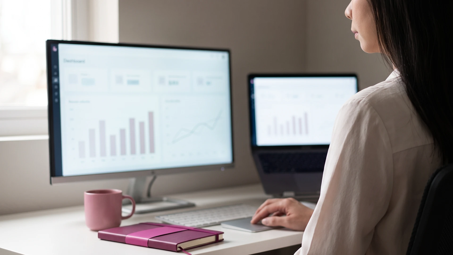 Shopify store owner at a desk comparing traffic checker dashboards on two screens