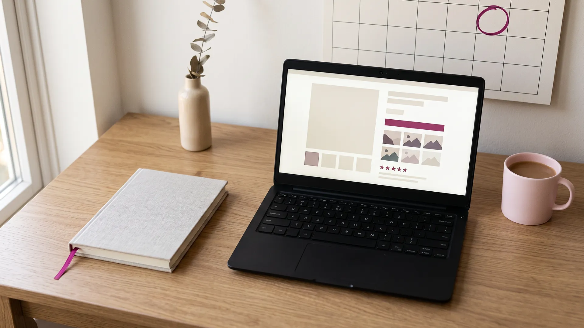 Desk with a calendar turned to late November and a Shopify product page open on a laptop
