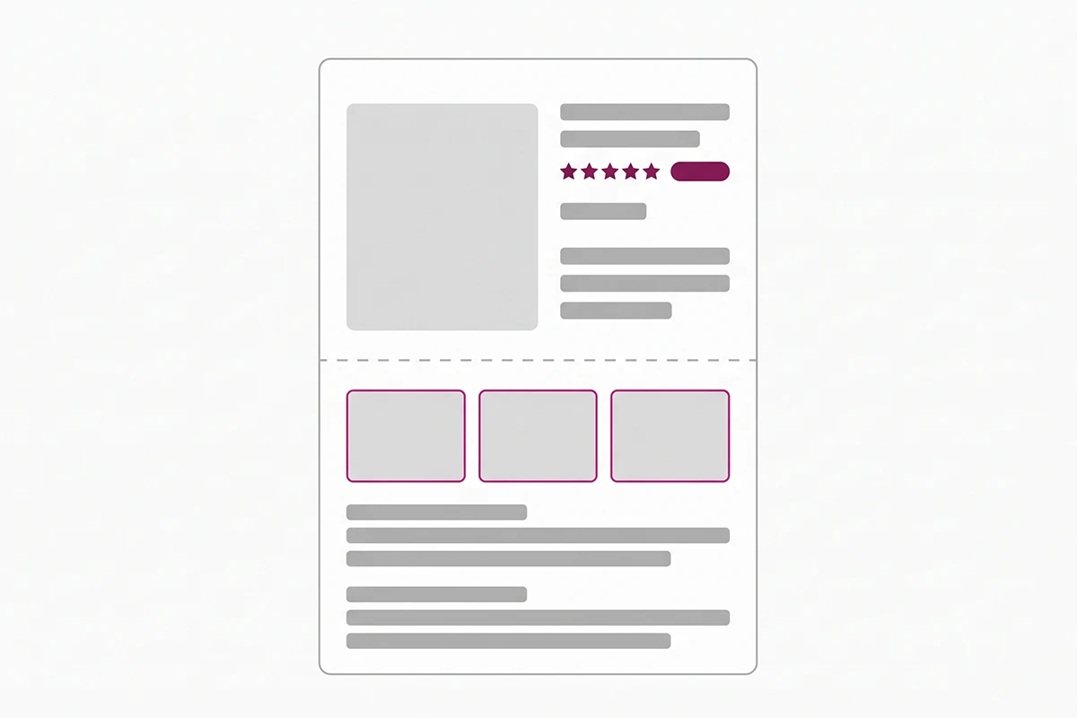 Product page wireframe showing where star ratings and photo reviews belong for BFCM
