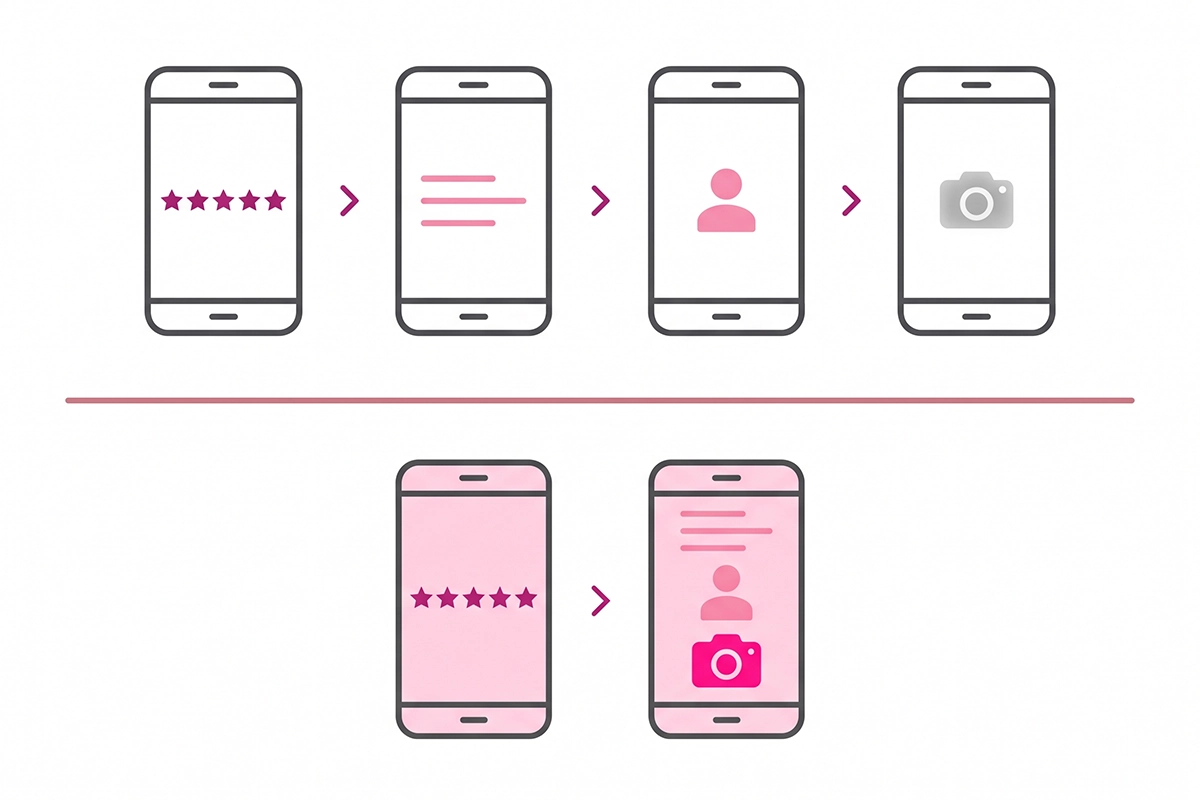 Diagram comparing a four-screen review form with a compact layout that shows photo upload sooner