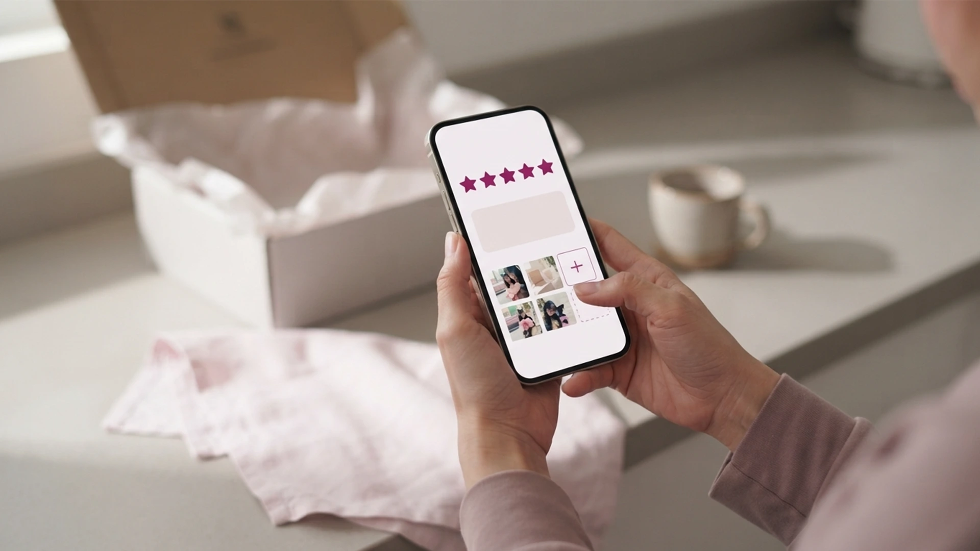 Hands holding a phone showing a customized Judge.me review form with stars and photo thumbnails