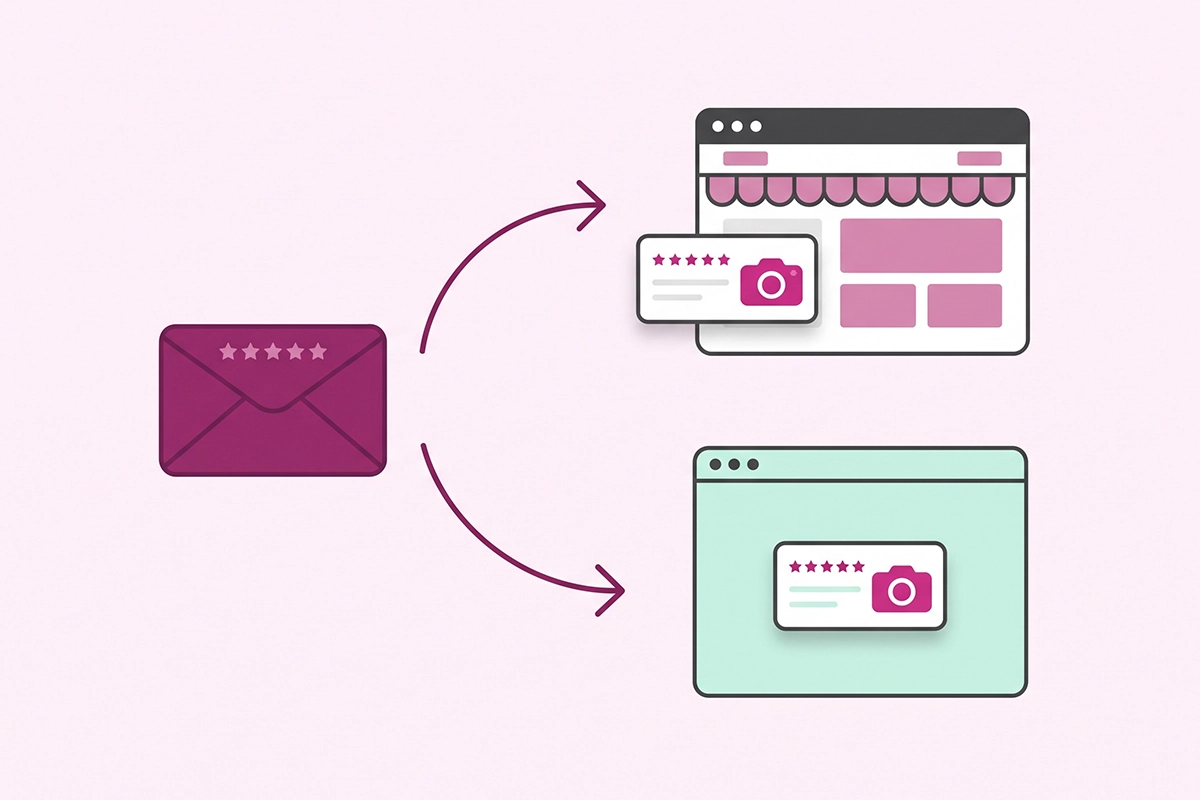Diagram of a review request email leading to a store popup or a hosted Judge.me upload page