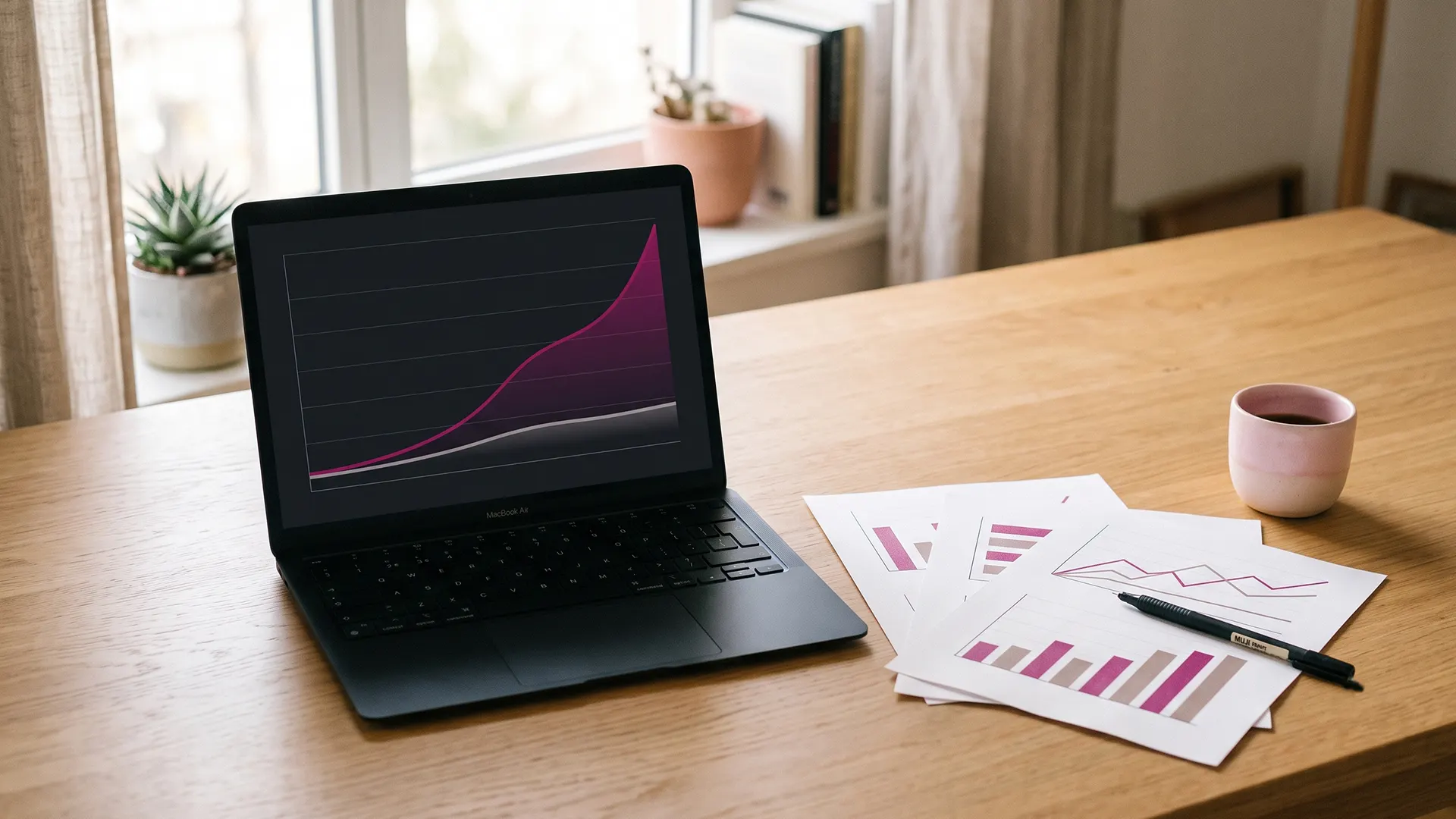 Laptop showing a rising search analytics curve beside printed daily blogging results charts