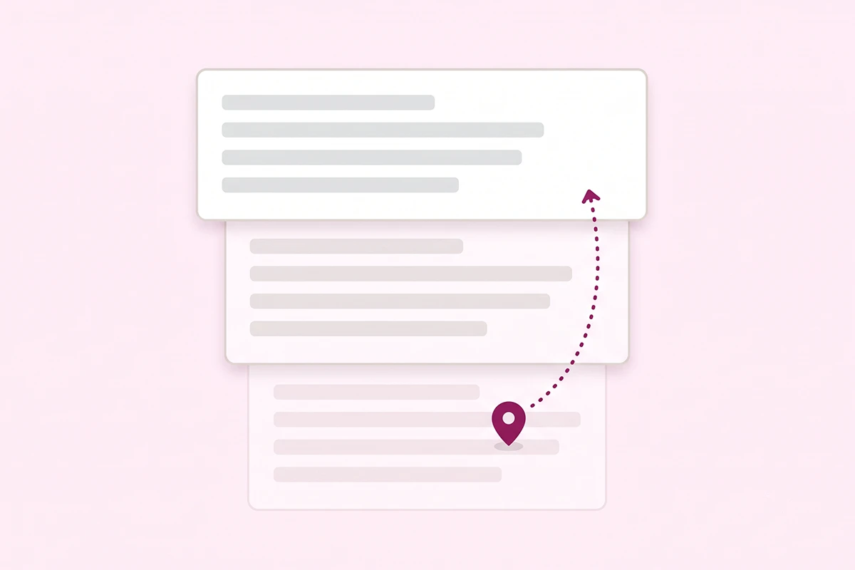 Illustration of three stacked search result pages with a marker stuck on page three