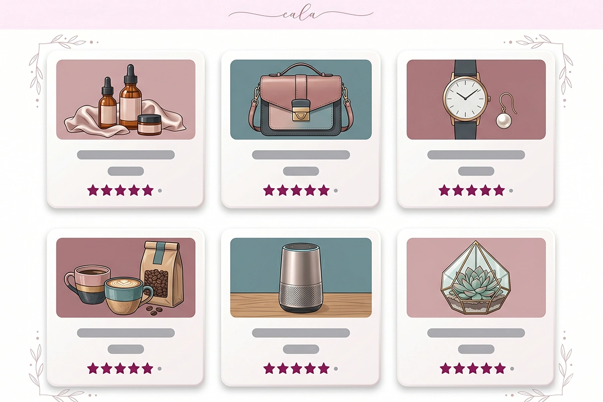 Shopify collection page grid with a star rating badge under each product card