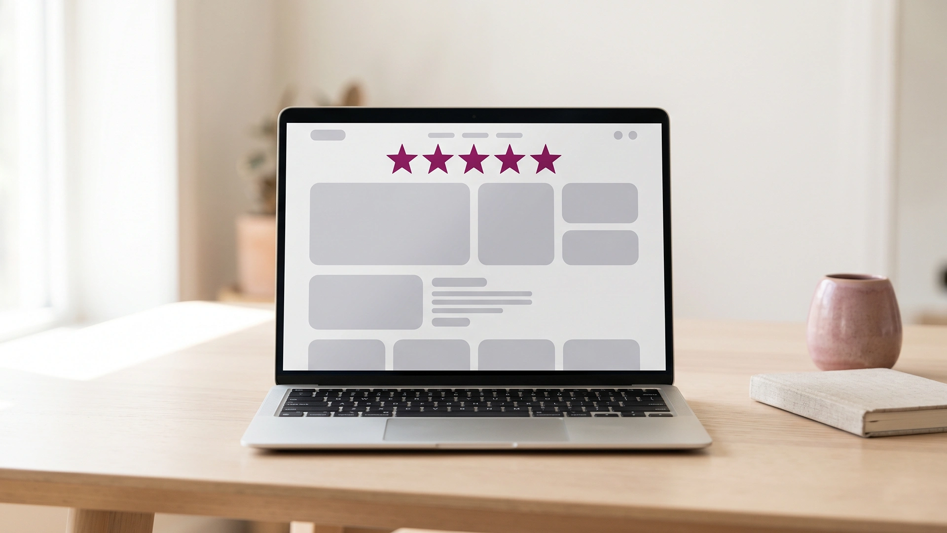 Shopify homepage on a laptop showing a star rating strip and reviews above the fold
