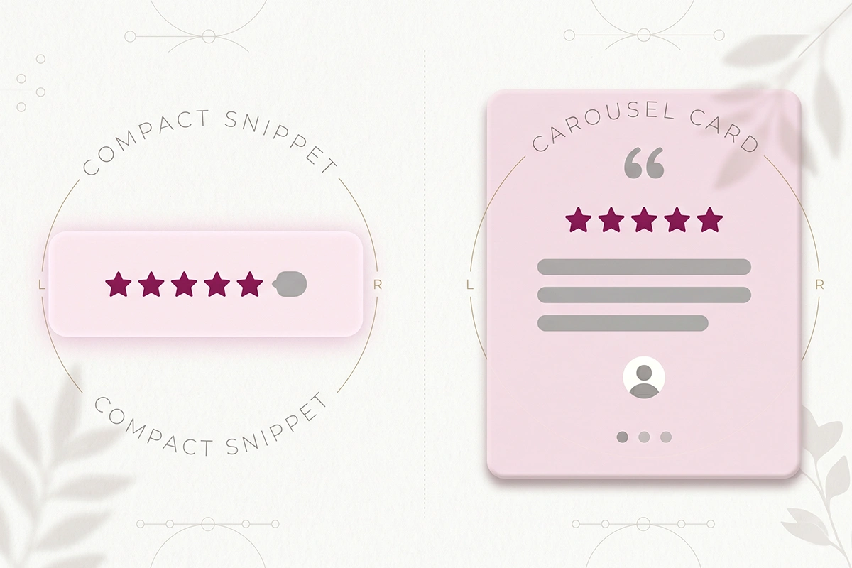 Rating snippet with stars and count beside a full review carousel card, side by side
