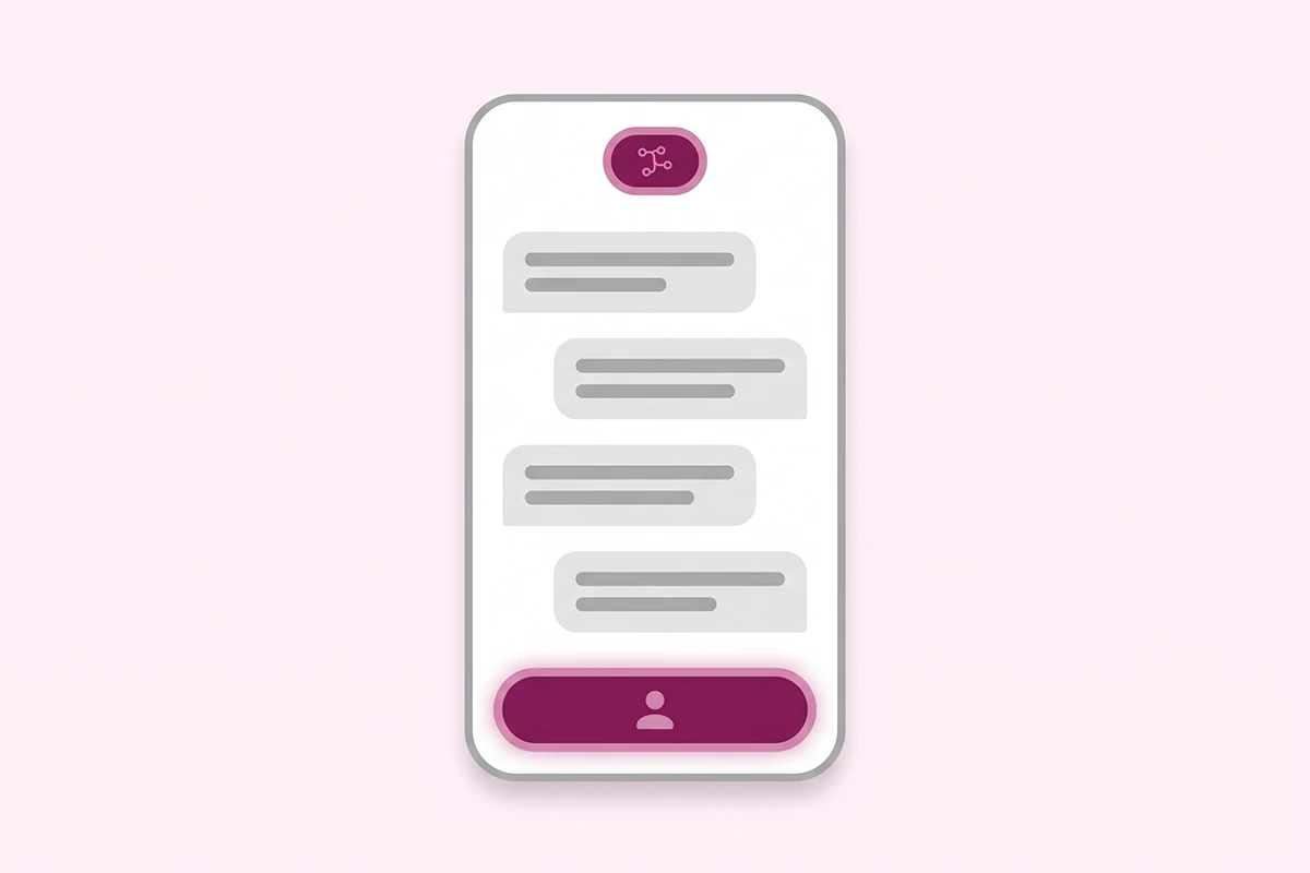 Chat widget mockup showing a bot disclosure badge and a persistent human handoff button