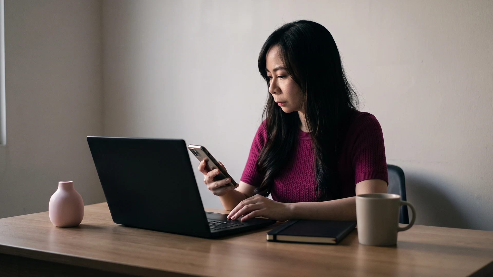 Shopify store owner at a laptop in the evening looking skeptical about adding a chatbot
