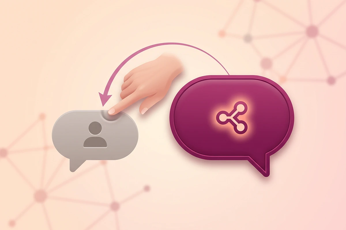Illustration of a hand reaching past an AI reply toward a human reply, showing chatbot preference bias