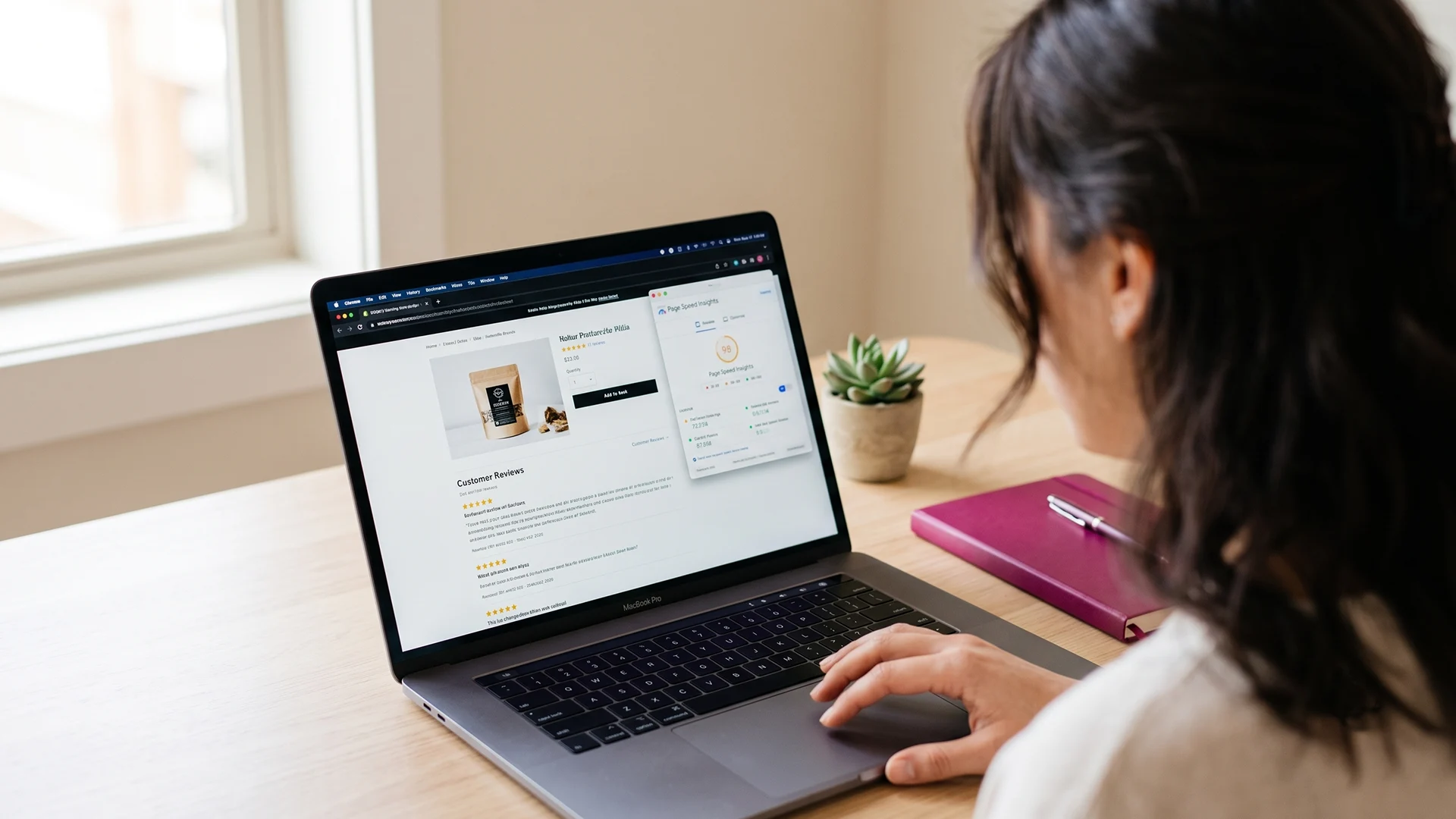 Shopify owner checking a product page speed test next to a review widget on a laptop