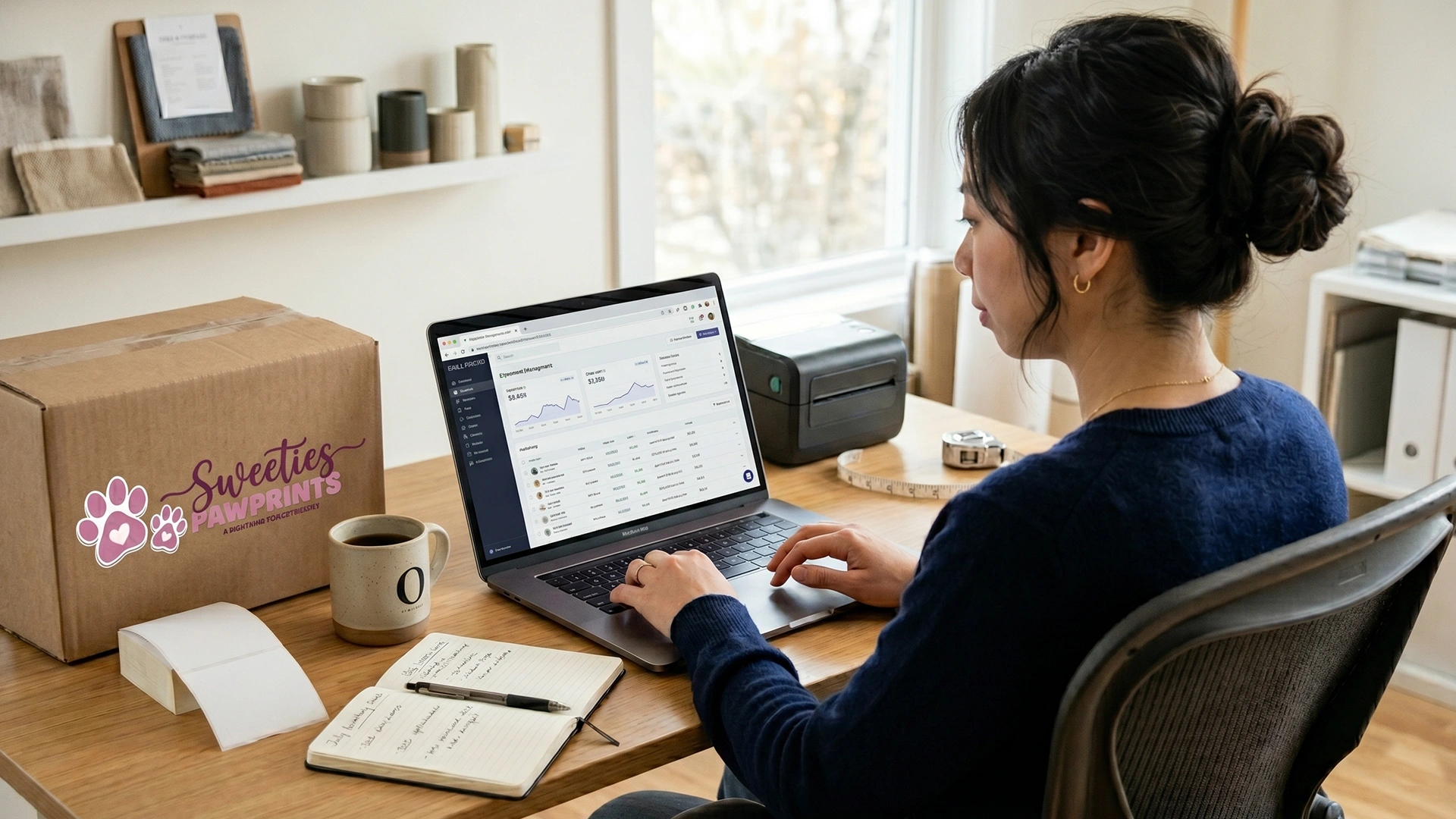 Solo Shopify founder at a laptop reviewing a store chat widget and support numbers