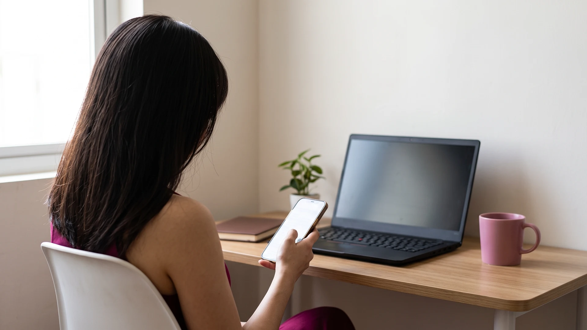 Shopify store owner at a desk reading an offer for fake reviews on her phone