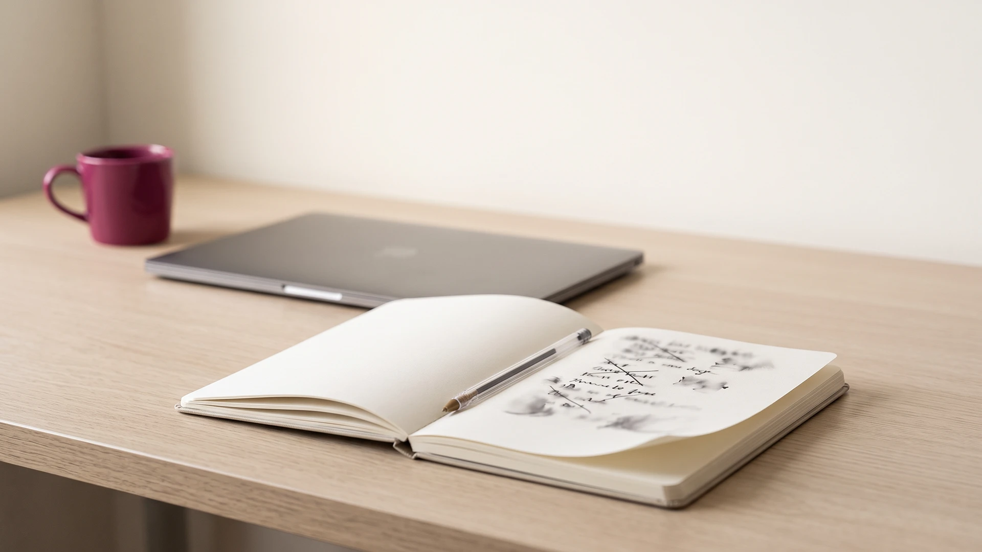 Notebook listing the first blog posts a new store should write beside a laptop