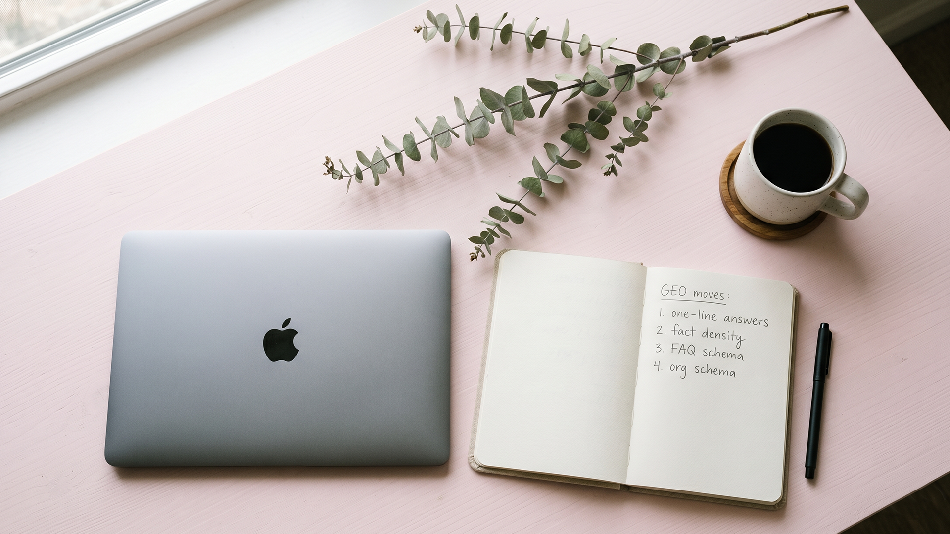 Calm desk scene with a Shopify dashboard and a laptop showing GEO for Shopify research notes