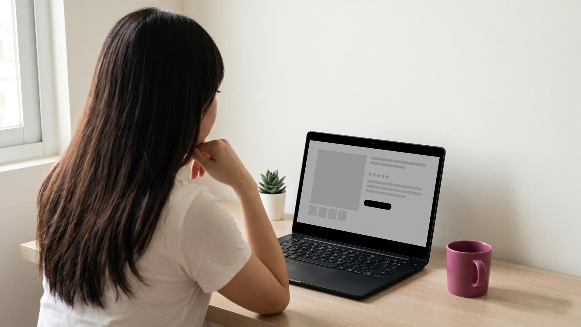 New Shopify store owner at a laptop looking at a product page with an empty zero reviews section