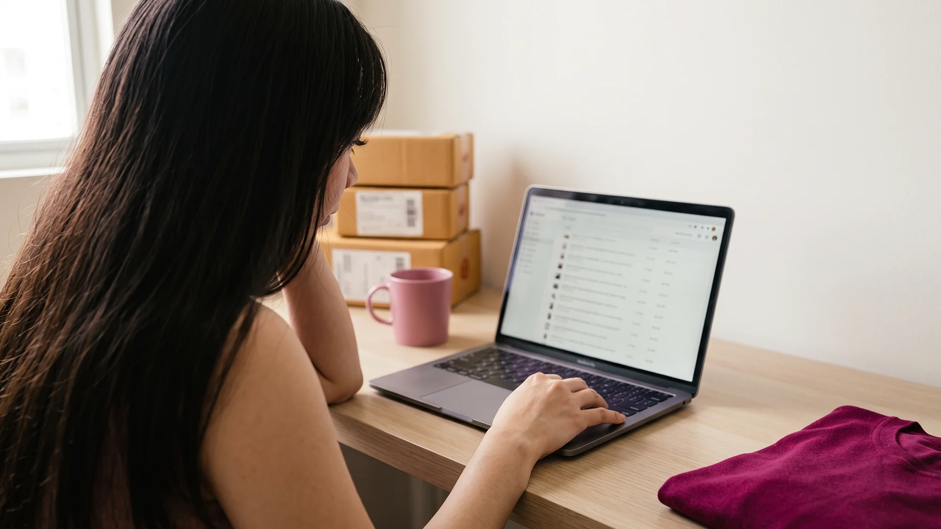 Shopify owner at a laptop reviewing Google Merchant Center disapproved products on a calm desk