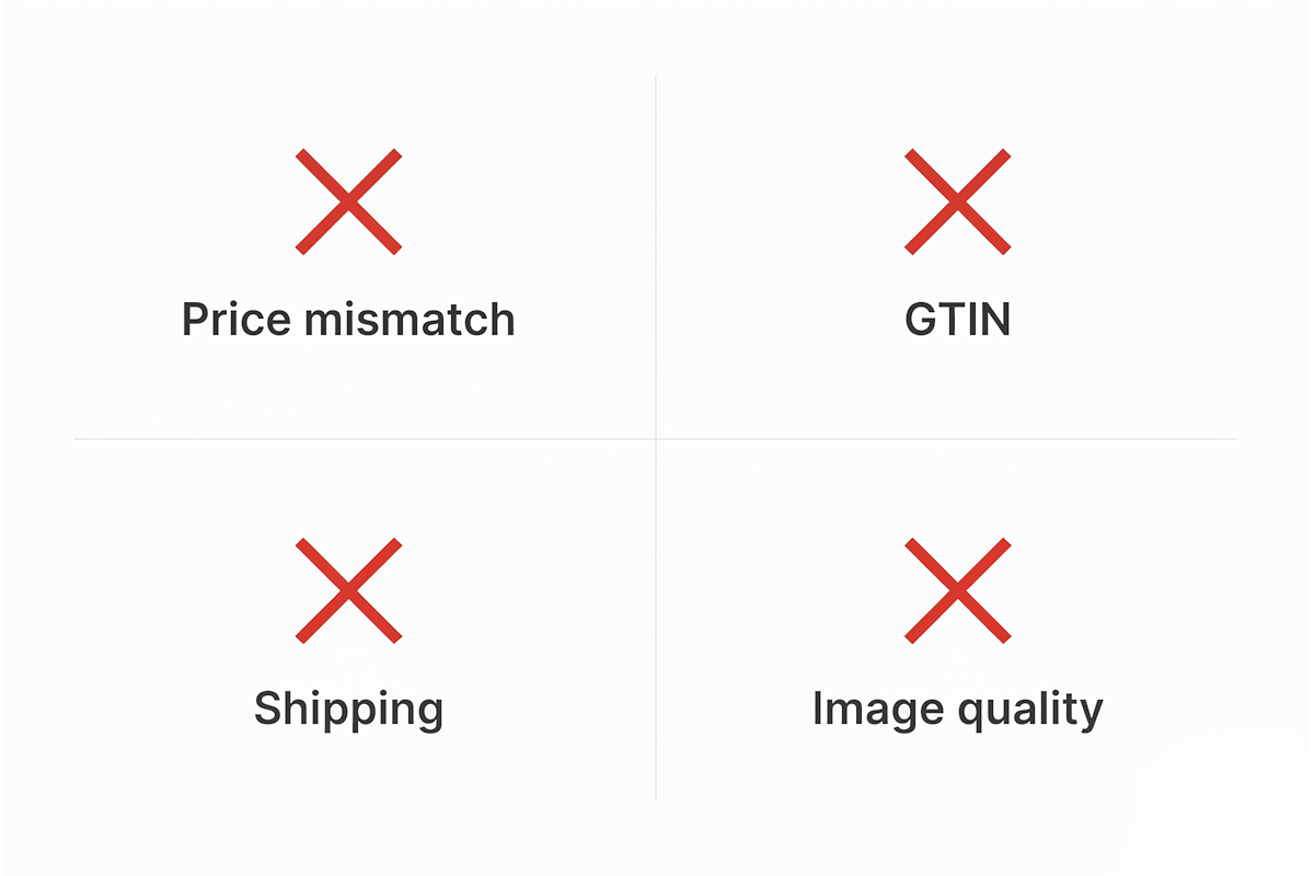 Diagram of four common Google Merchant Center Shopify feed errors: price mismatch, GTIN, shipping, image