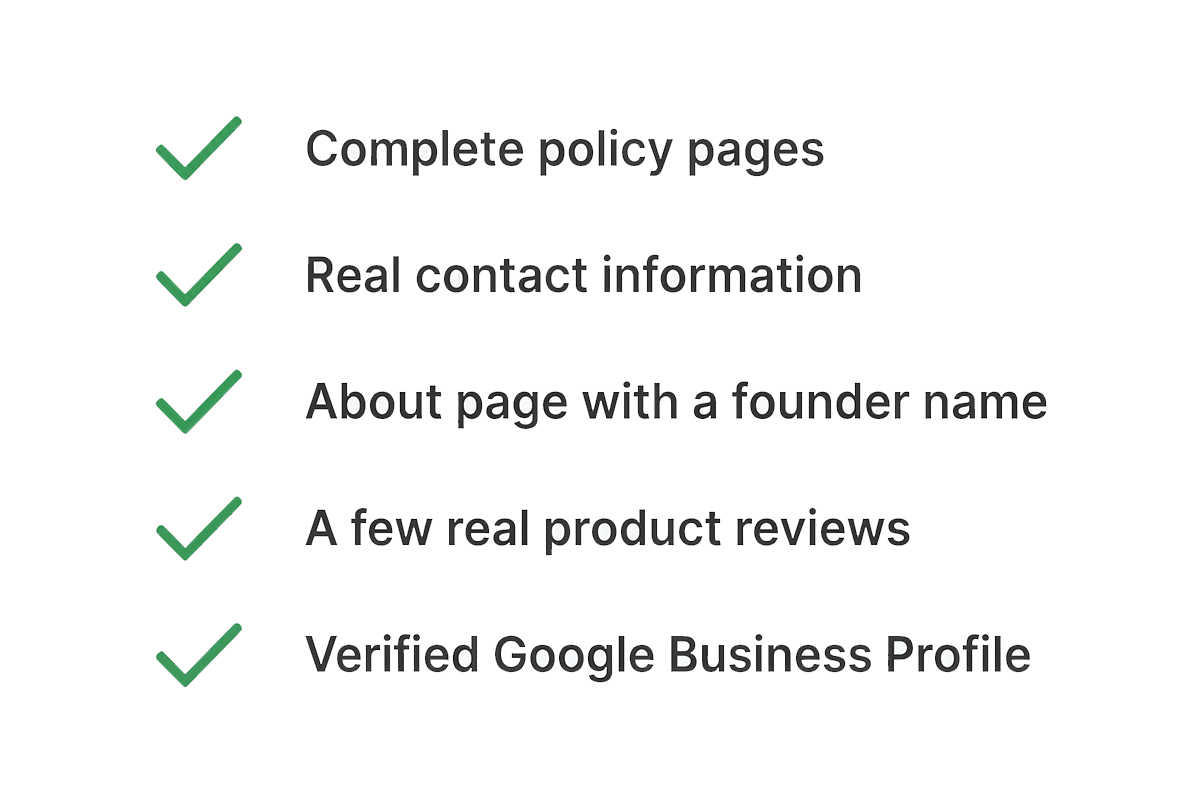 Trust signals checklist for Google Merchant Center Shopify approval: policies, contact, reviews, branding