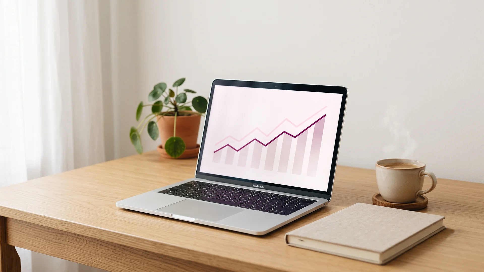 Laptop on a calm desk showing a Search Console performance graph, with a notebook and coffee