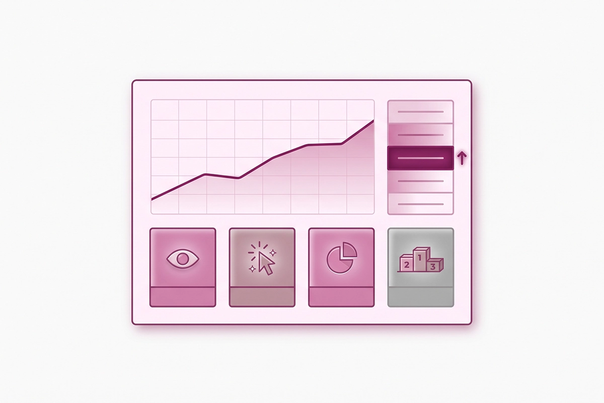 Annotated Search Console performance report showing impressions, clicks, CTR, and average position