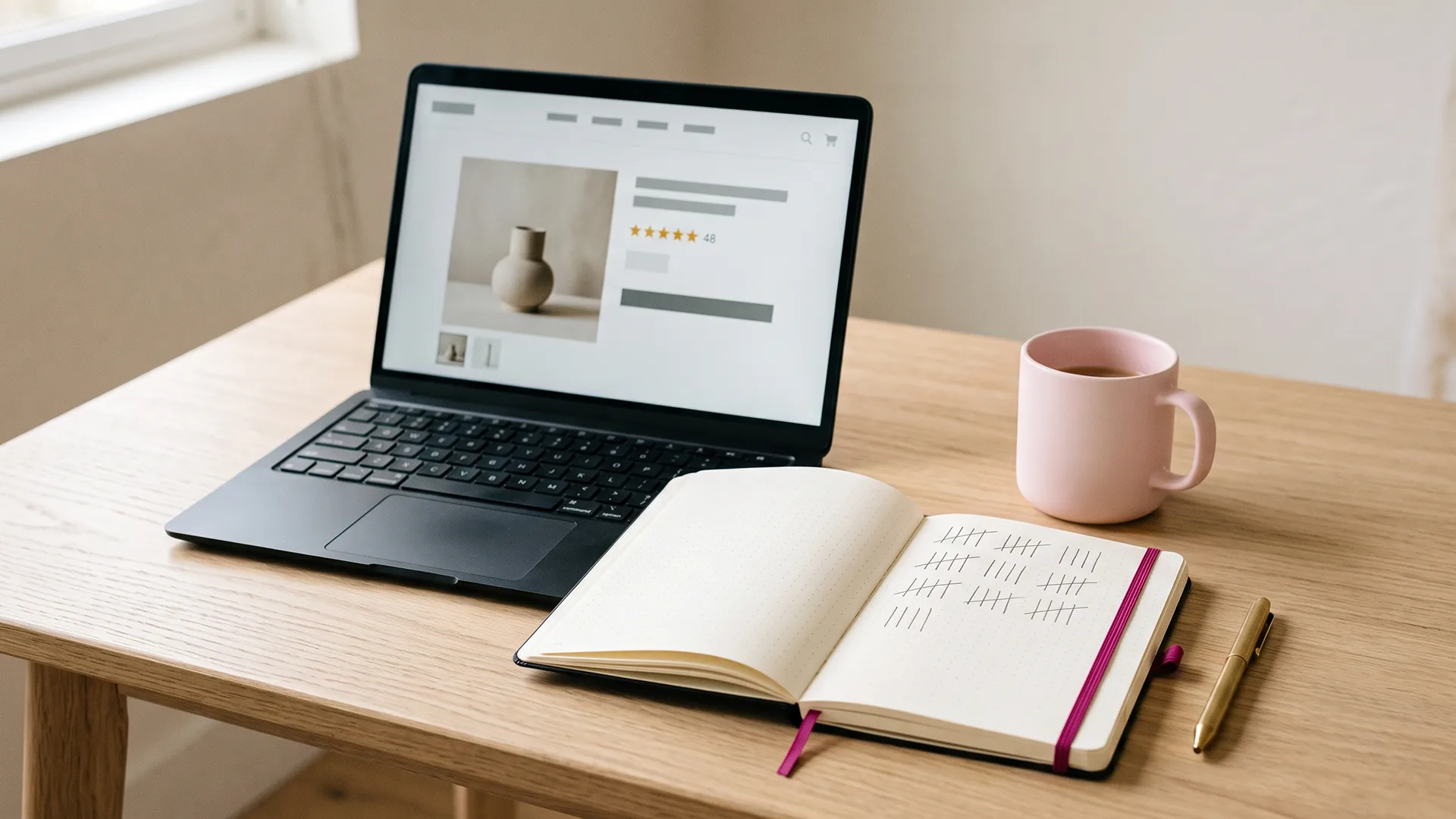 Laptop showing a Shopify product page with a low review count beside a notebook of tallies
