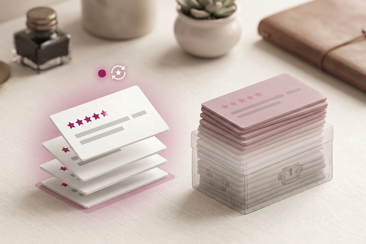Comparison of a small stack of fresh reviews against a taller stack of faded older ones