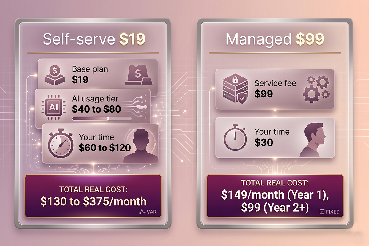 Cost comparison stack for self-serve and managed Shopify chatbots