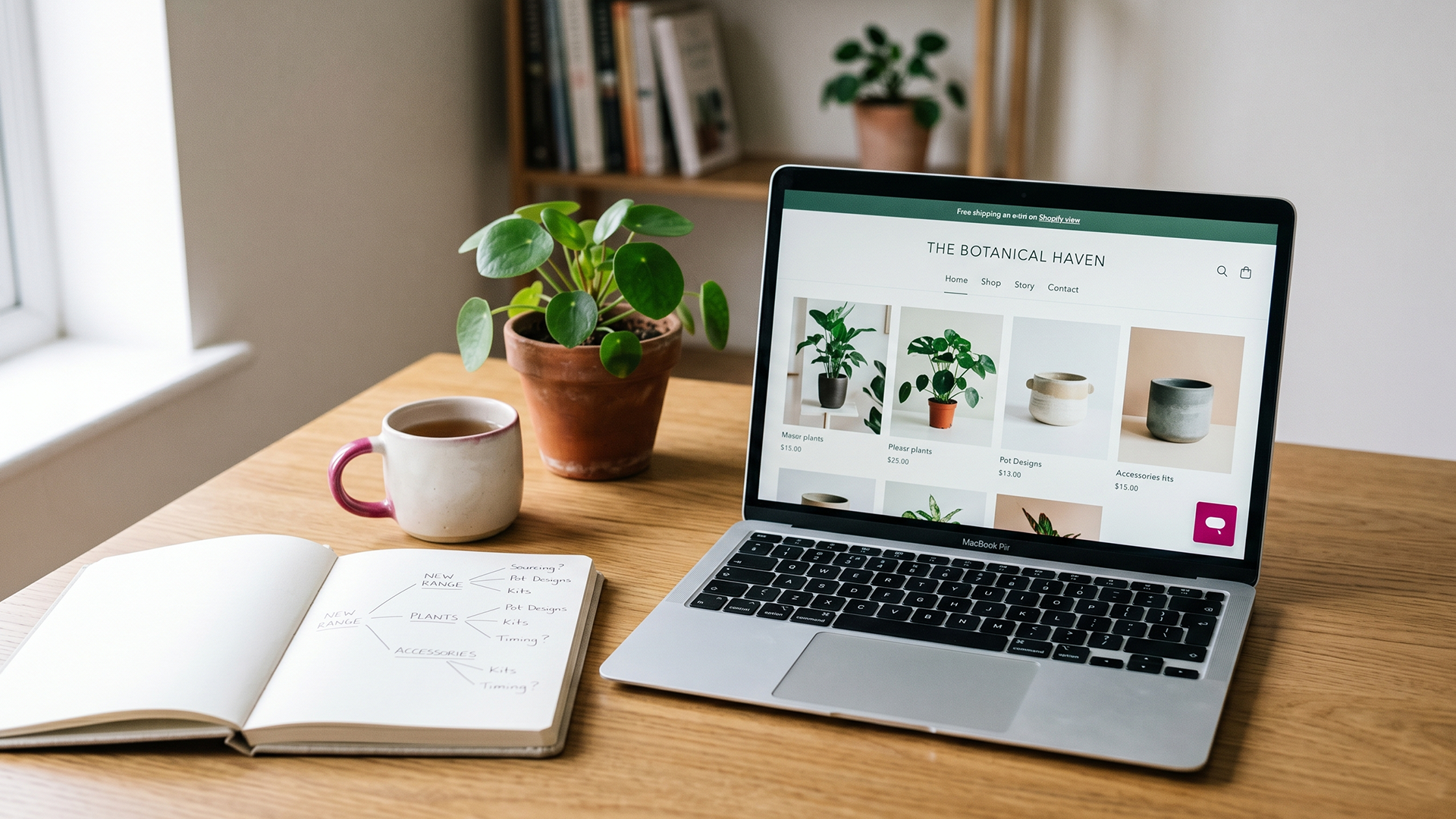 Laptop on a quiet desk showing a Shopify chatbot widget with notes on choosing between self-serve and managed