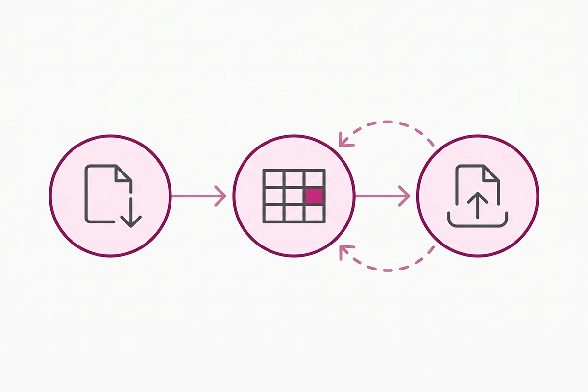 Three-step flow for a Shopify review migration: export, clean the CSV, then import