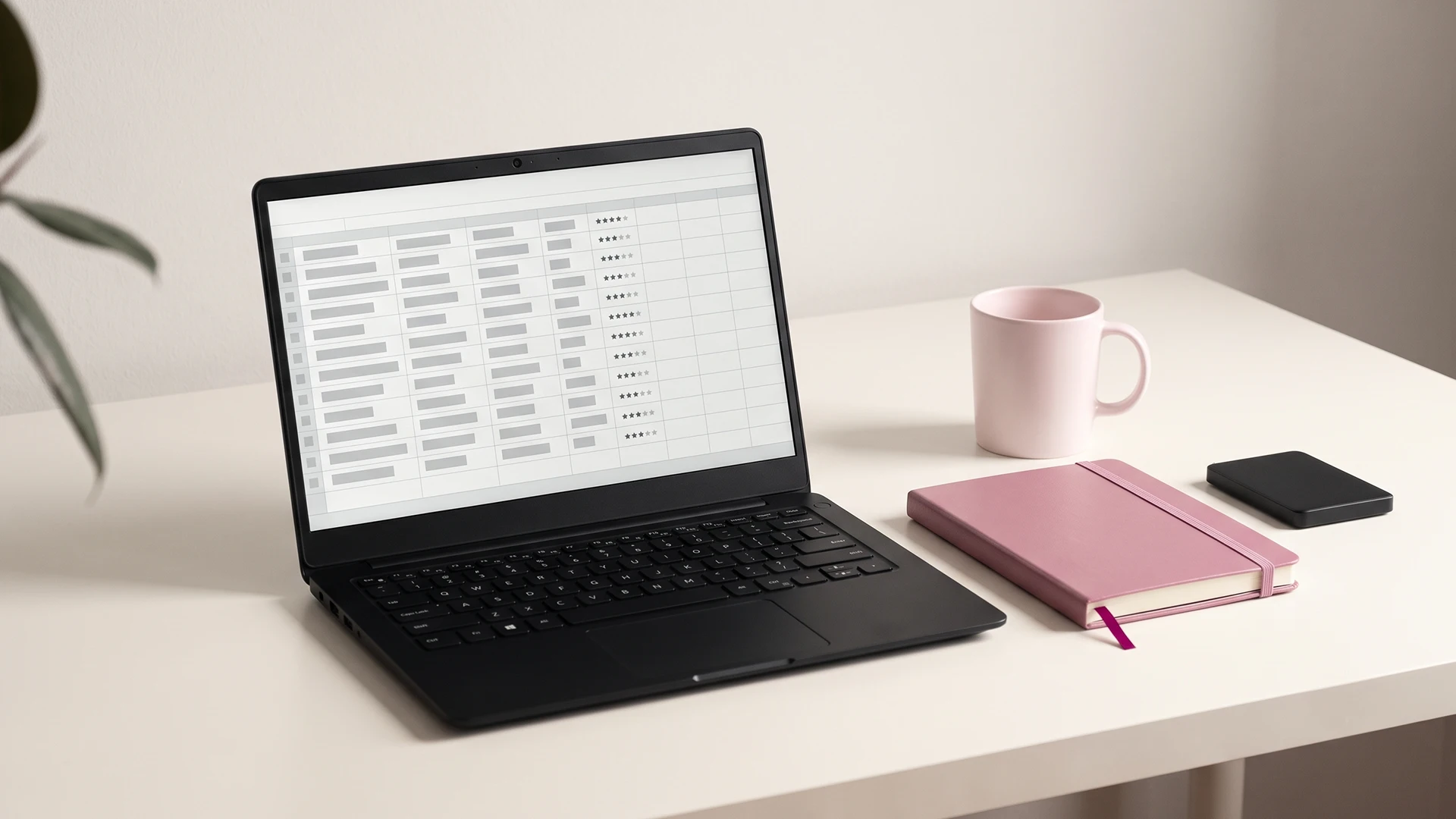 Desk with a laptop showing a spreadsheet of product reviews ready to import to Shopify