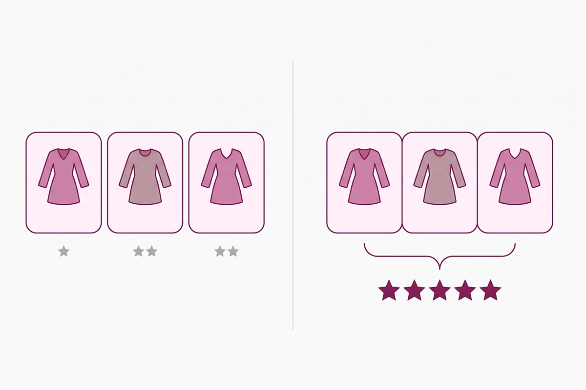 Diagram showing reviews split across three product pages then merged into one shared star rating